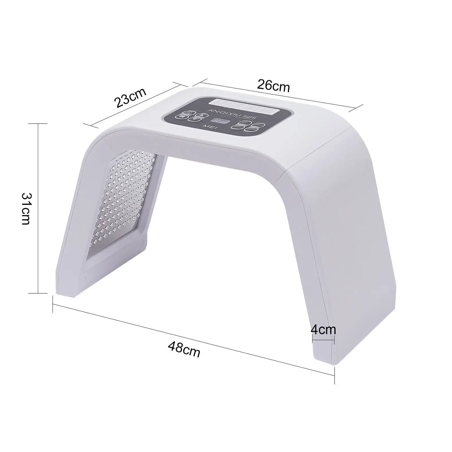 White electronic device with dimensions labeled on a white background