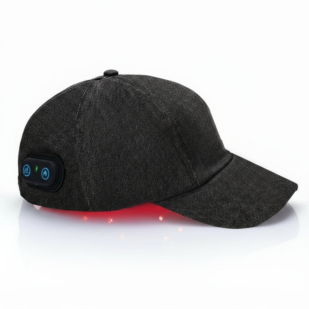 Black cap with LED lights and control buttons on a white background