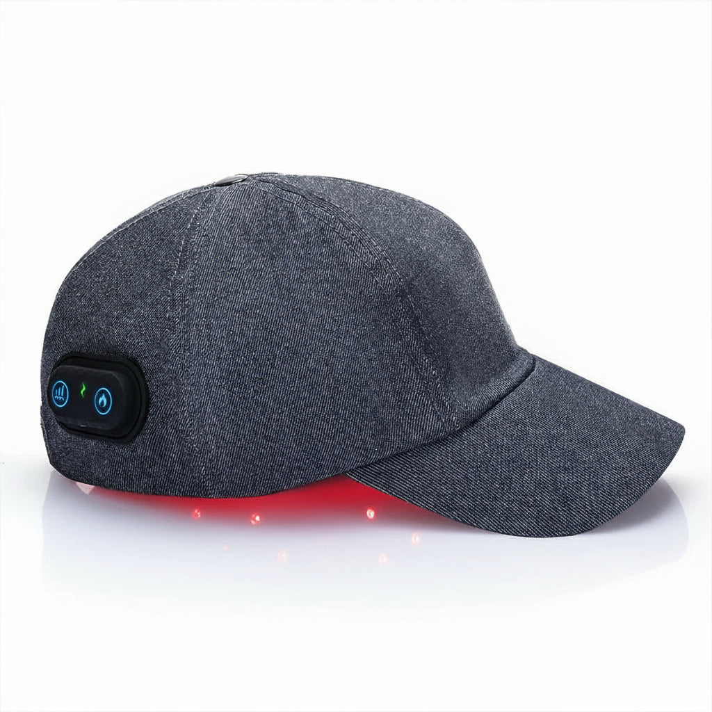 Gray cap with LED lights and control buttons on a white background