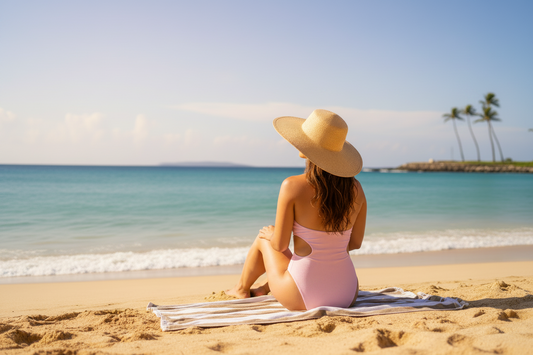 a woman sitting on the beach facing the sea during the morning sun light 