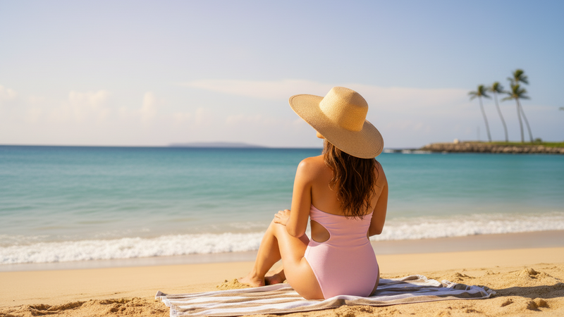 a woman sitting on the beach facing the sea during the morning sun light 
