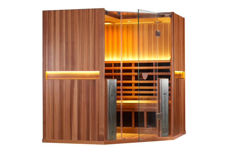 Clearlight Sanctuary Pro Corner infrared sauna fitting into corner space
