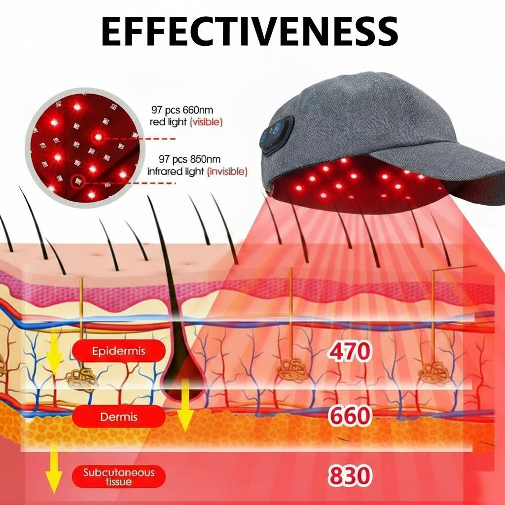 Diagram of dual-spectrum technology with a cap and LED lights, showing red and infrared light penetration.