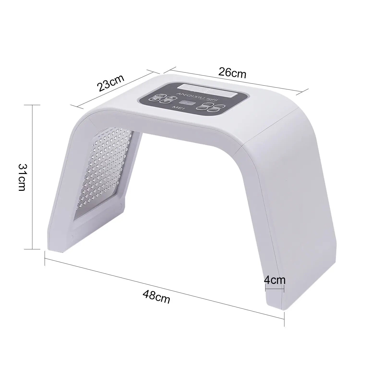 White electronic device with dimensions labeled on a white background