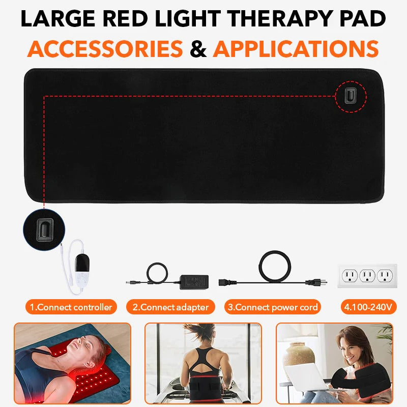 Large red light therapy pad with accessories and usage instructions on a white background