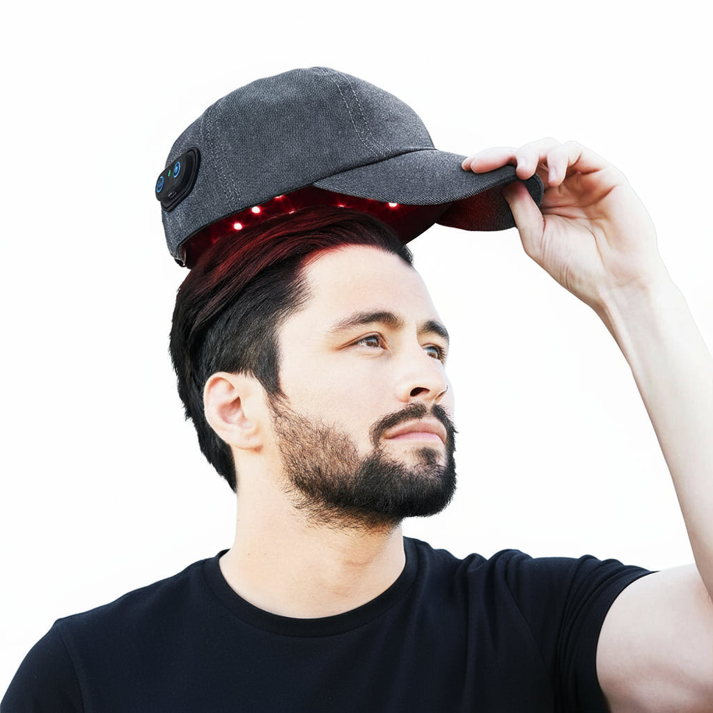 Man with black tshirt wearing infrared light hair loss curing hat 