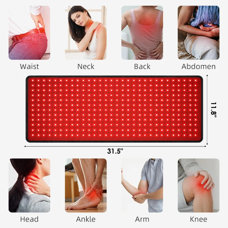 Red light therapy mat with images of body parts and measurements