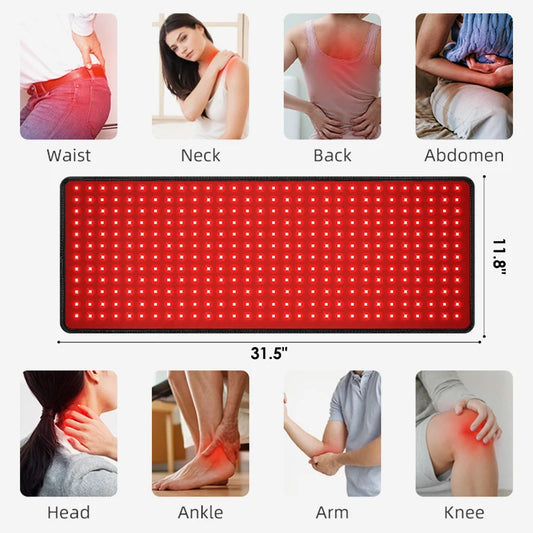 Red light therapy mat with images of body parts and measurements