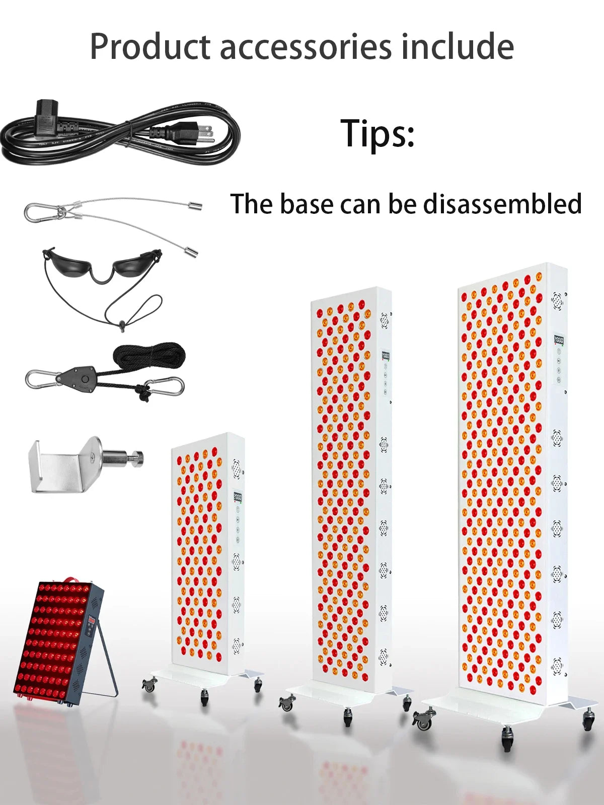 Product accessories including a cable, sunglasses, and disassembled base with panels on a white background.