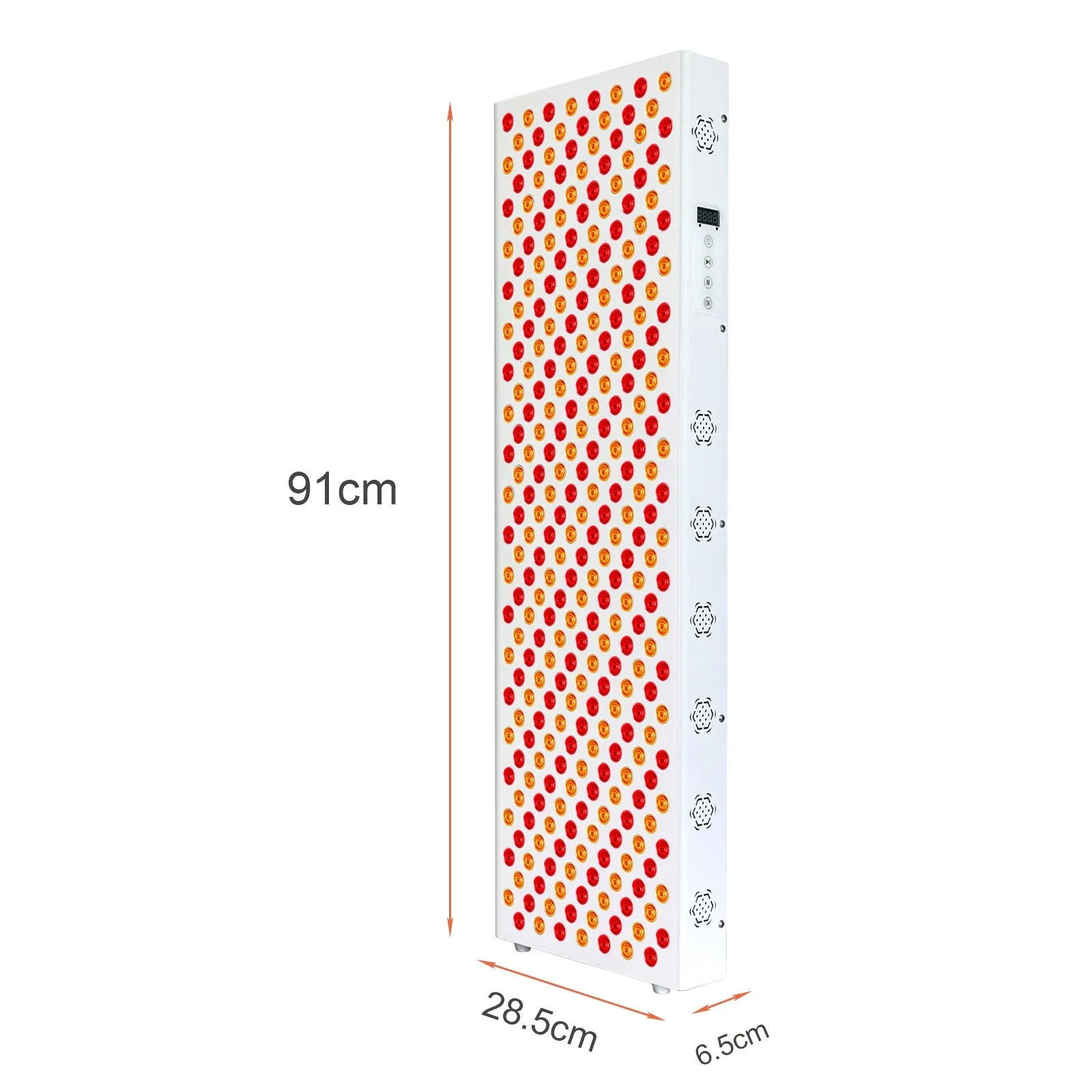 Rectangular device with a pattern of red and orange dots on a white background, showing dimensions.